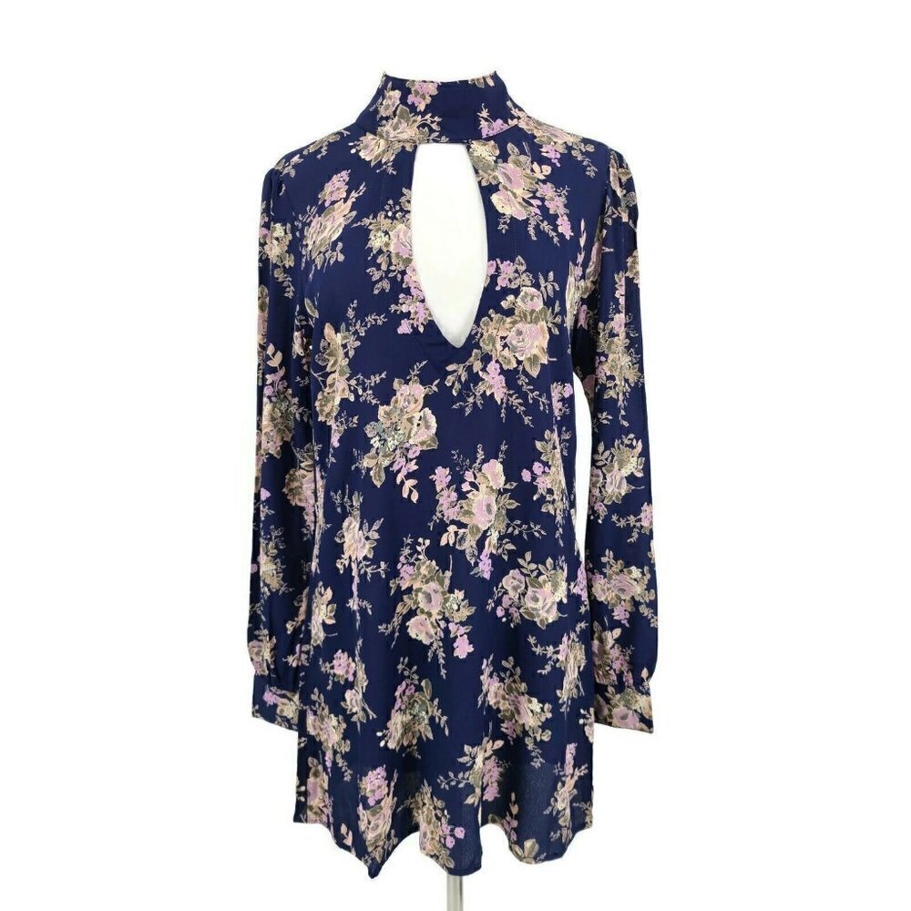 New Flynn Skye Leah Mini Dress Womens M Blue Lavender Floral Roses  Cut Outs
